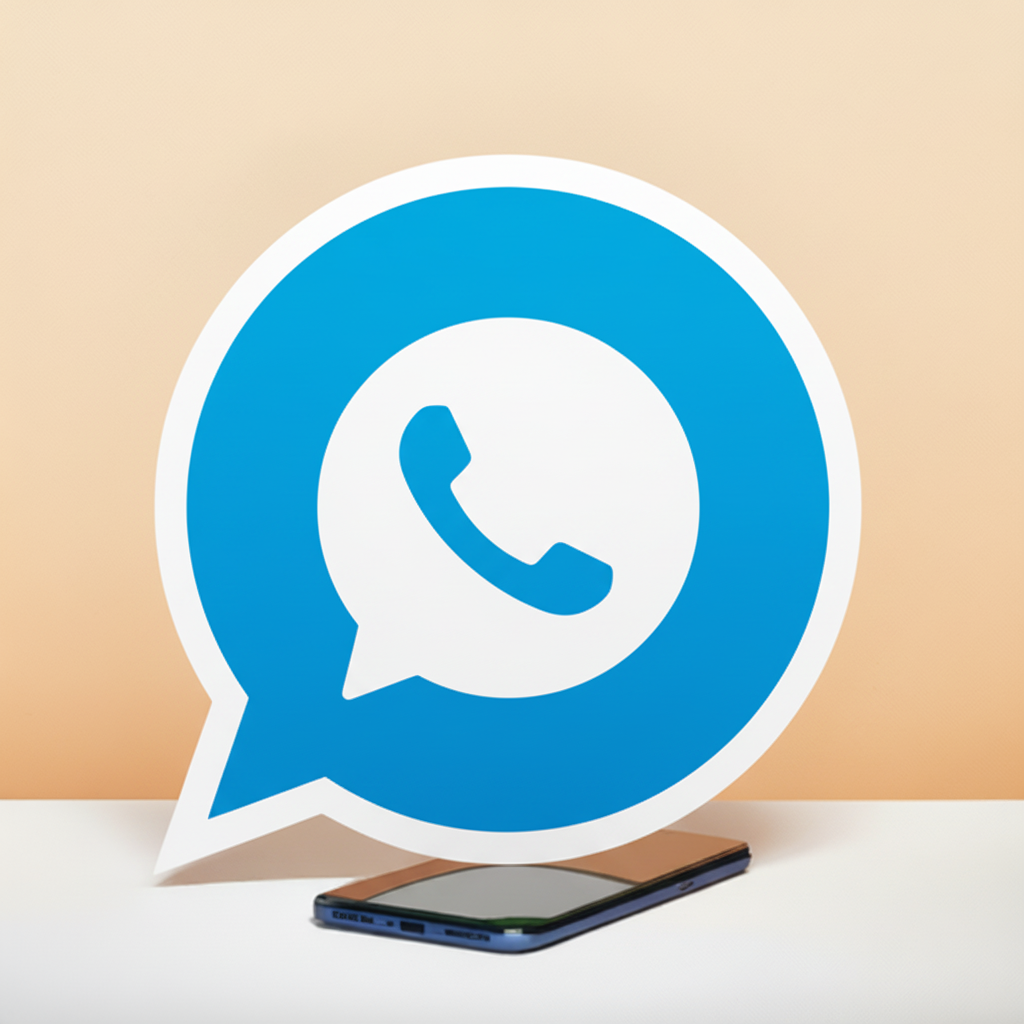 A large SafeTelecom WhatsApp Access Package icon depicted as a green speech bubble with a white phone symbol, partially overlapping a smartphone laying on a flat surface with an orange background, featuring SafeTelecom Business Integration.