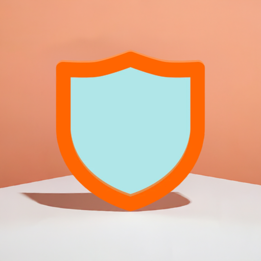 An illustration of a simple shield with an orange border and a light blue center, set against a soft pink background with a subtle shadow cast on a white surface, representing Yeshiva App Store Package compliance.