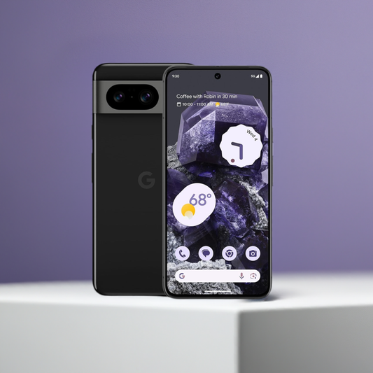 A modern Kosher Google Pixel 8 BYOD with a dual-camera setup displayed on a white surface against a purple background. The phone’s screen shows a weather widget and an upcoming calendar event notification.