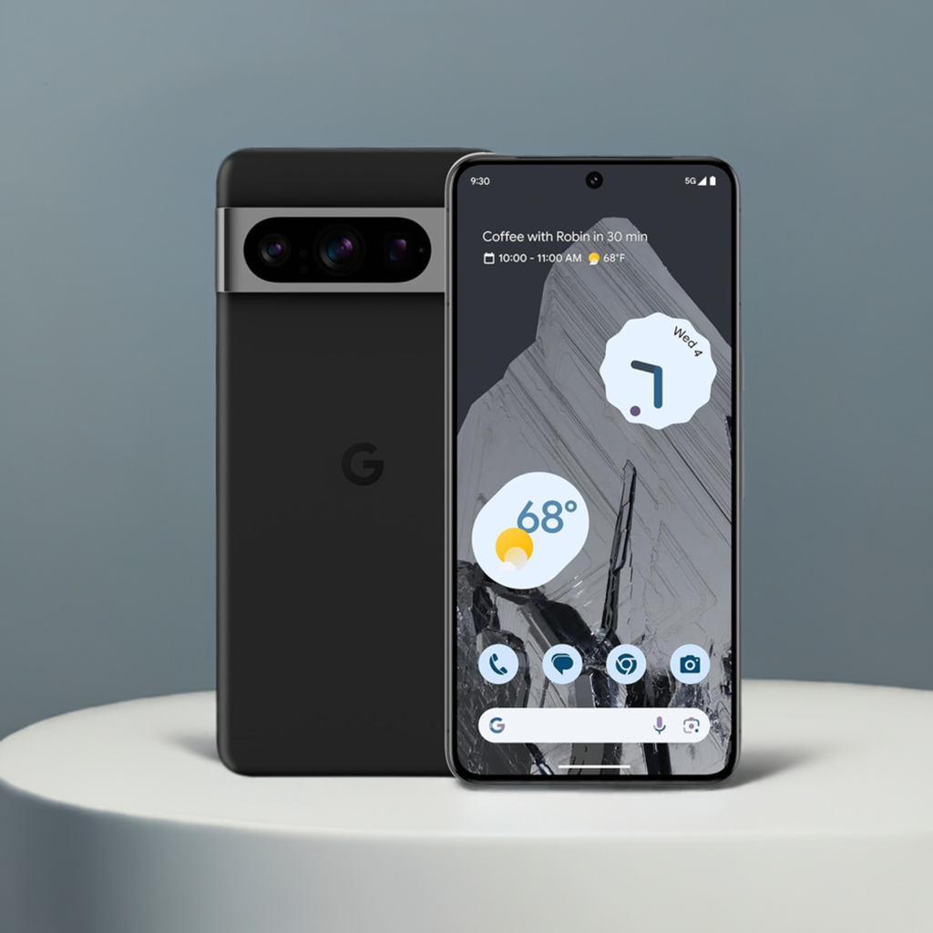 A modern Google Pixel 8 Pro Smartphone with an AMOLED display is shown with its screen on, featuring a weather widget and other apps. The phone has a noticeable camera bump and is placed upright beside its case on a.