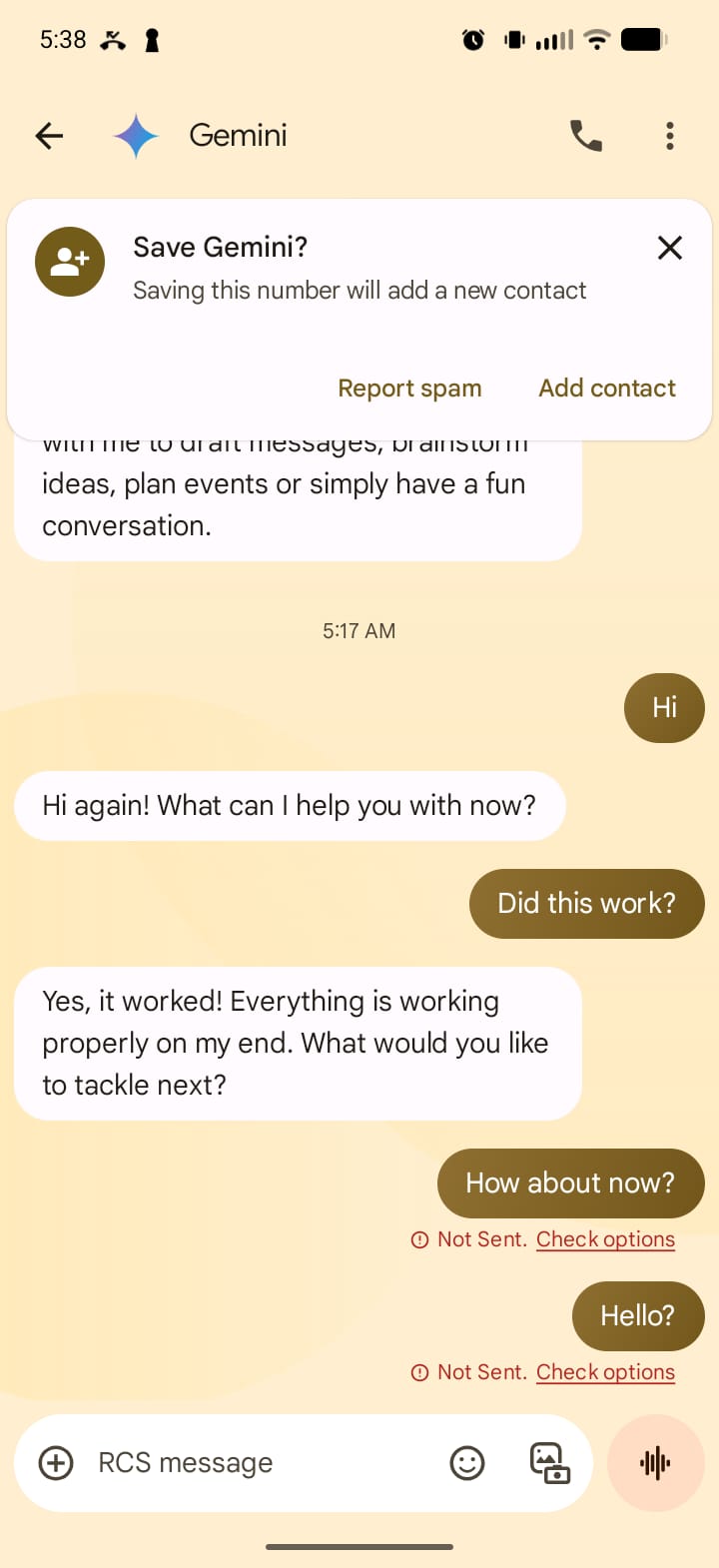 Google Messages conversation with Gemini: Gemini replies to earlier messages, then the messages sent after the KosherOS update show "Not Sent"