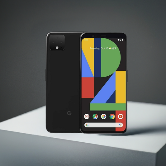 A modern Google Pixel 4 smartphone with a large screen displaying colorful geometric wallpaper and multiple app icons, resting on a white surface against a dark gray background. It runs on KosherOS 14.