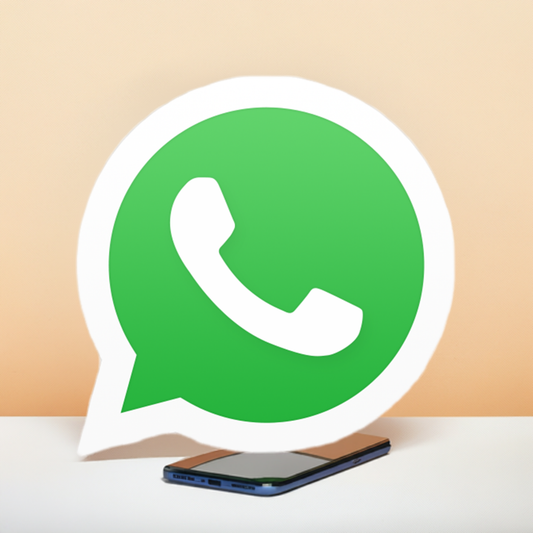 A large SafeTelecom WhatsApp Access Package icon depicted as a green speech bubble with a white phone symbol, partially overlapping a smartphone laying on a flat surface with an orange background, featuring SafeTelecom Business Integration.