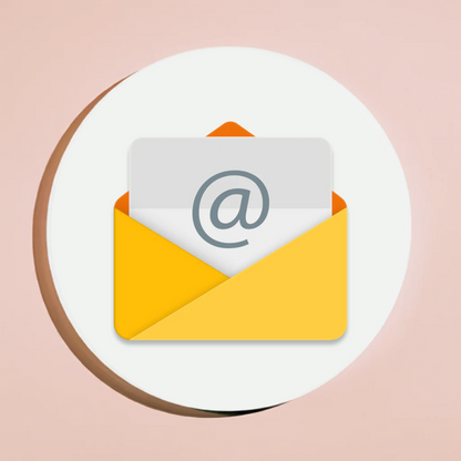 A digital illustration of a yellow envelope with a gray SafeTelecom Email Access Package icon displayed on an envelope flap, centered on a white circle against a soft pink background.