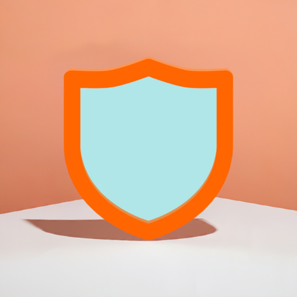 An illustration of a simple shield with an orange border and a light blue center, set against a soft pink background with a subtle shadow cast on a white surface, representing Yeshiva App Store Package compliance.