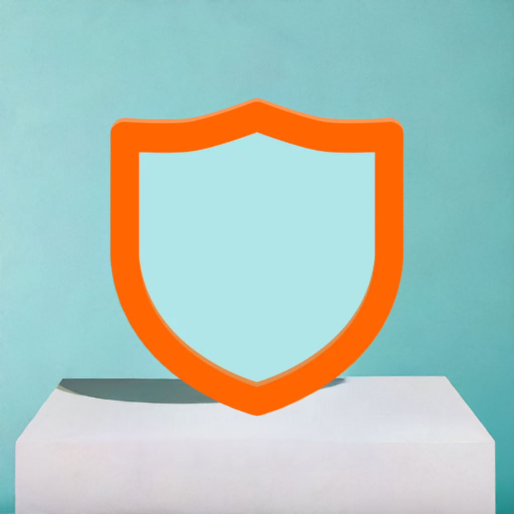 An orange shield icon with a light blue center displayed on a white pedestal against a soft teal background, representing SafeTelecom Plus Store Upgrade by SafeTelecom.