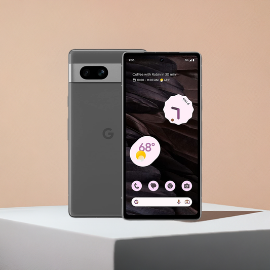 A Google Pixel 7a smartphone displayed upright with its screen visible, showing a weather widget and calendar reminder. The phone has a sleek, modern design with Qi-certified wireless charging and is primarily grey in color.